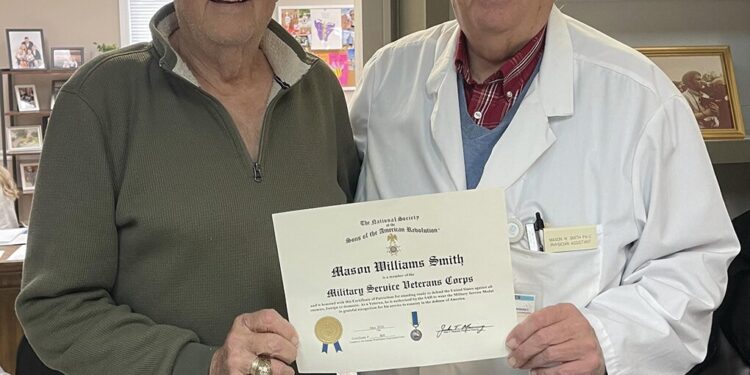 Mason Williams Smith, Sr. receives Military Service Veterans Corps Certificate